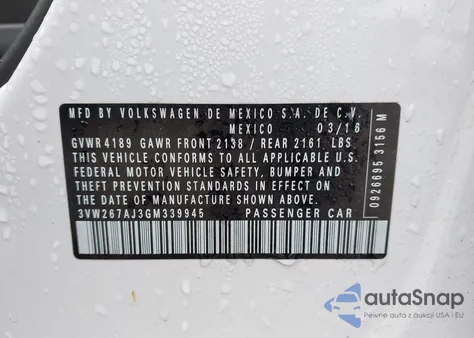 2016 Volkswagen Jetta 1.4T S z USA, uszkodzony, nr VIN 3VW267AJ3GM339945